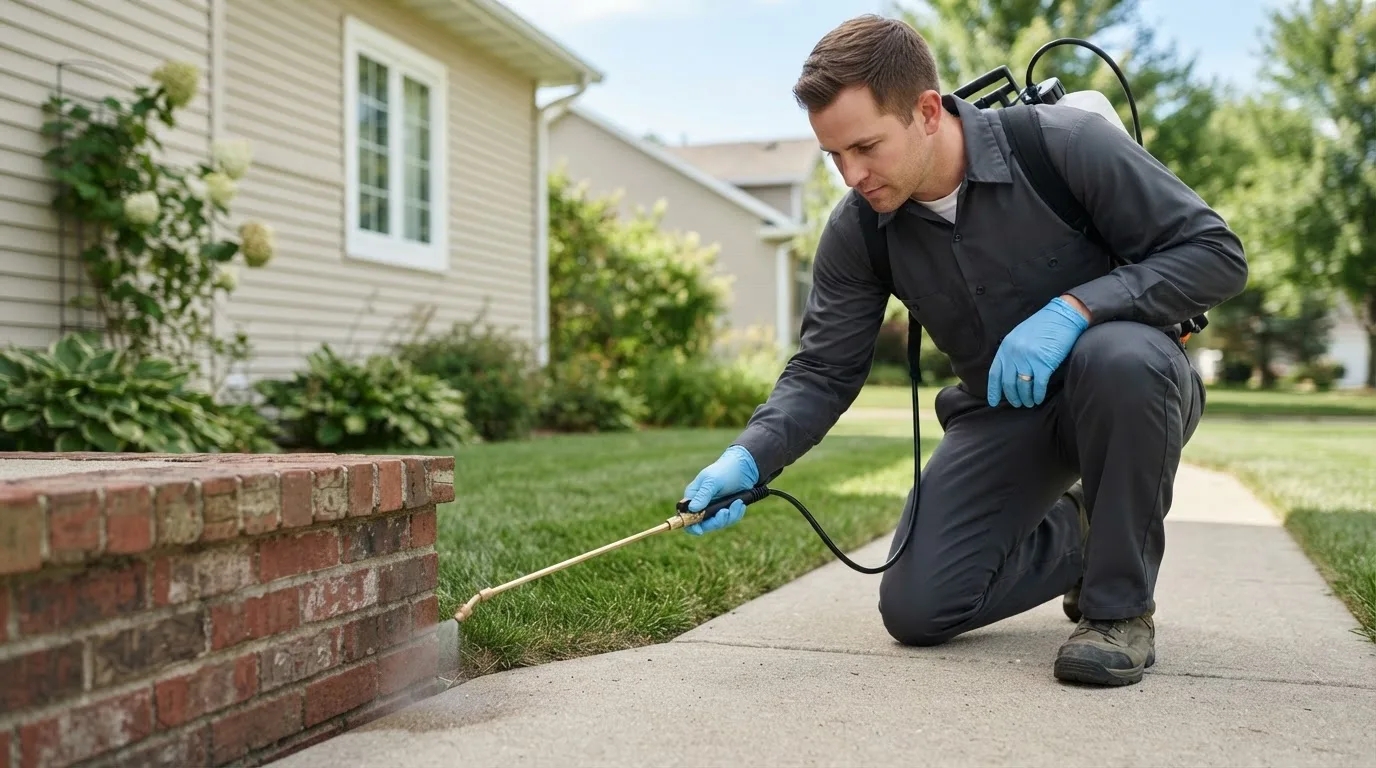 Pest control technician treating a home near Wellesley, MA